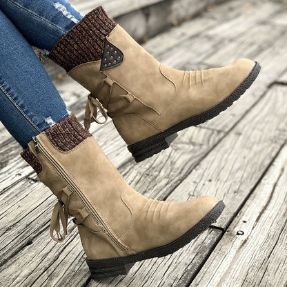 Bottes à fermeture éclair latérale à noue tricotées en cuir pour femmes