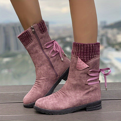 Bottes à fermeture éclair latérale à noue tricotées en cuir pour femmes