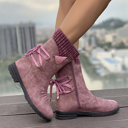 Bottes à fermeture éclair latérale à noue tricotées en cuir pour femmes