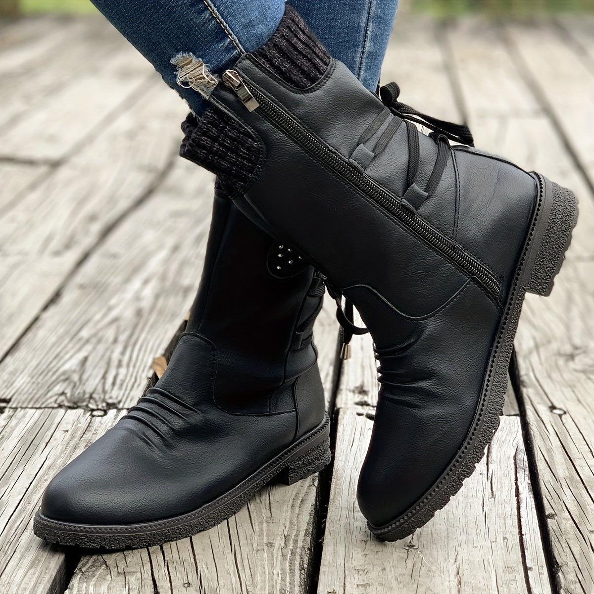 Bottes à fermeture éclair latérale à noue tricotées en cuir pour femmes