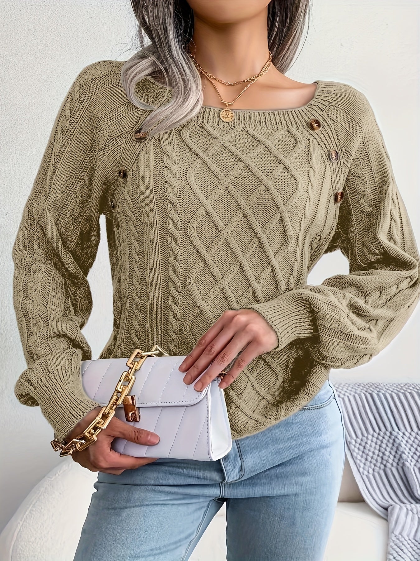 Movachic™ - Pull en Tricot Torsadé de Couleur Unie et Décontracté à Manches Longues